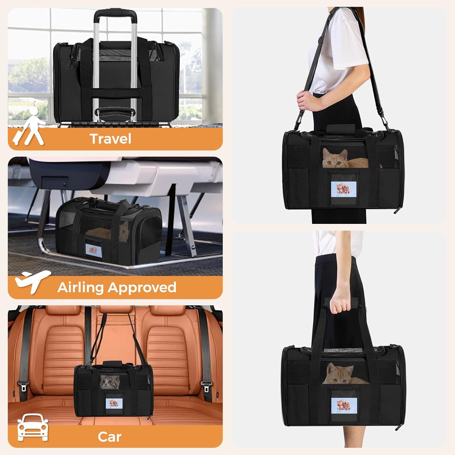 Large Soft Cat Carrier with Detachable Food Bowl,Pet Bag (Up to 28 lbs) | Puppy Kennel with Lockable Zippers for Small Dog, Kitten,Medium Travel Carrying Case for Car Airline Transport,Black