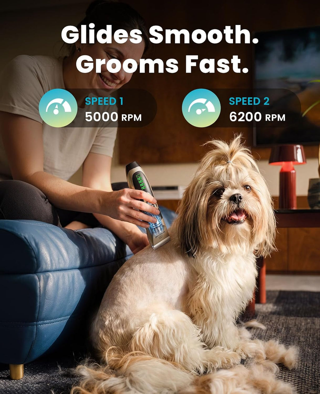 oneisall Dog Grooming Clippers with LED Display for Dogs & Cats | Low Noise Quiet,2-Speed,Cordless Rechargeable,Fast Charge,Detachable,Waterproof,Battery Level Display, Model X2,Gold