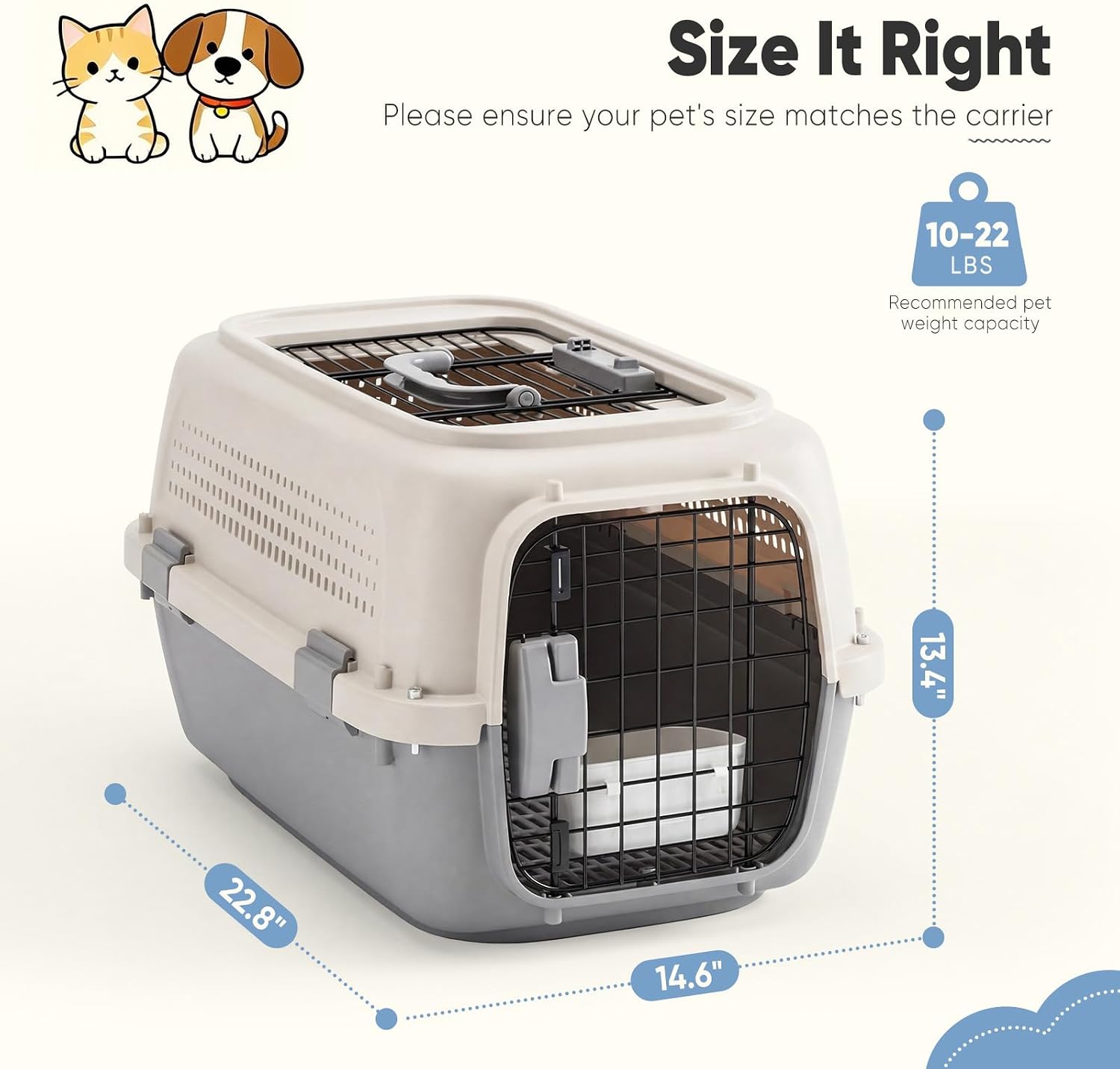 DUMOS 23" Hard-Sided Pet Carrier for Small Pets, 2 Door Cat Carrier, Beige | Airline Approved Dog Crate, Enhanced Security Latches, Front & Top Load Wire Door, Food Bowl for Traveling, Hiking, Camping