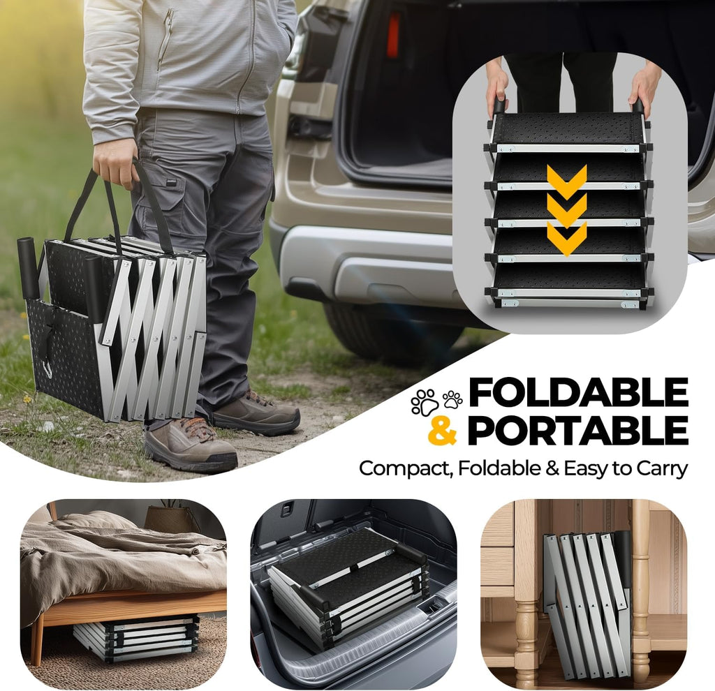 Auto Dynasty Dog Stairs for Car - 5 Steps Wide 37in High 31in Foldable Dog Ramp for Car Non-Slip Surface Support up to 150lbs - Suitable for SUV,Truck, Sofas, Bed/Couch