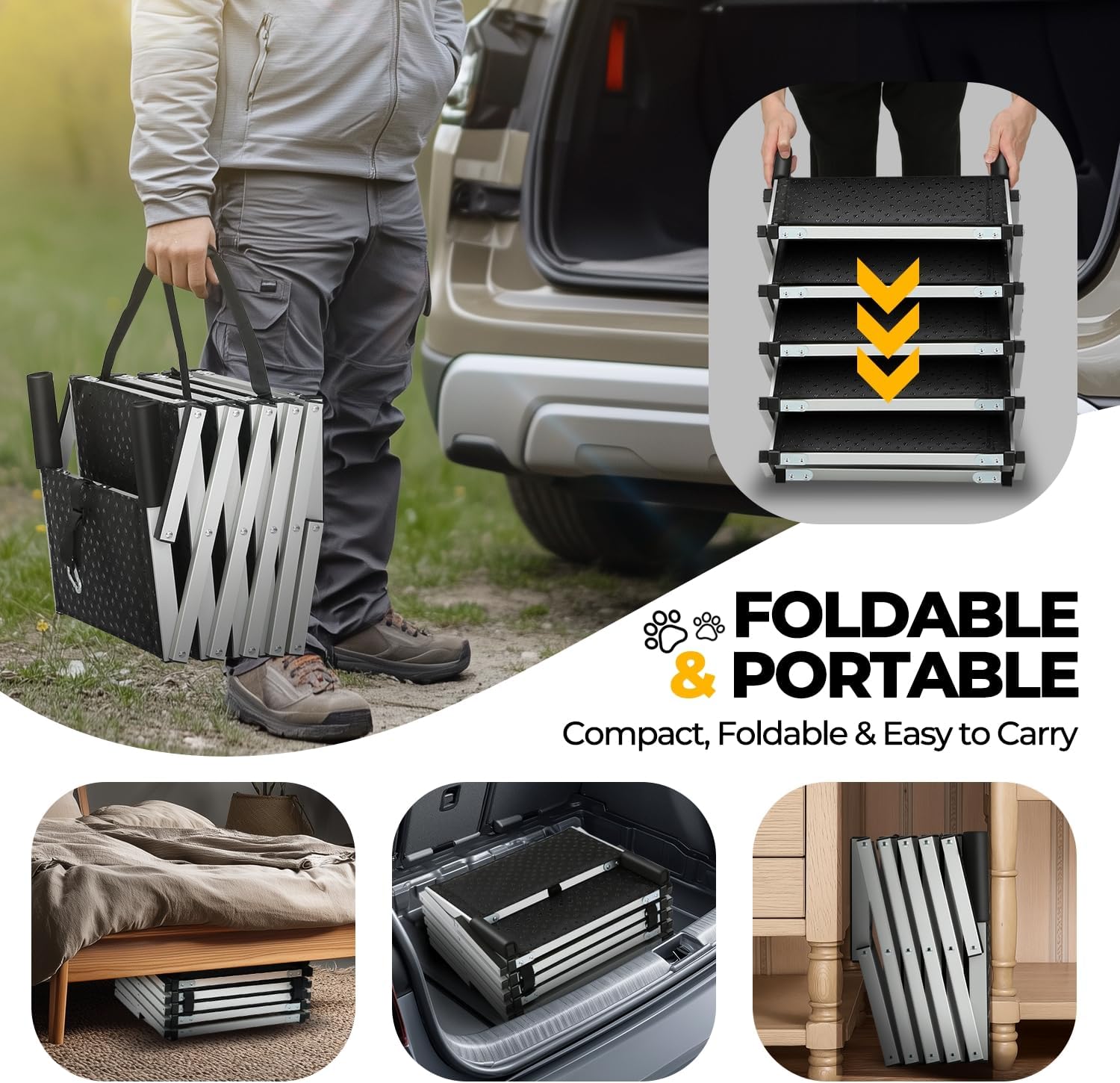 Auto Dynasty Dog Stairs for Car - 5 Steps Wide 37in High 31in Foldable Dog Ramp for Car Non-Slip Surface Support up to 150lbs - Suitable for SUV,Truck, Sofas, Bed/Couch