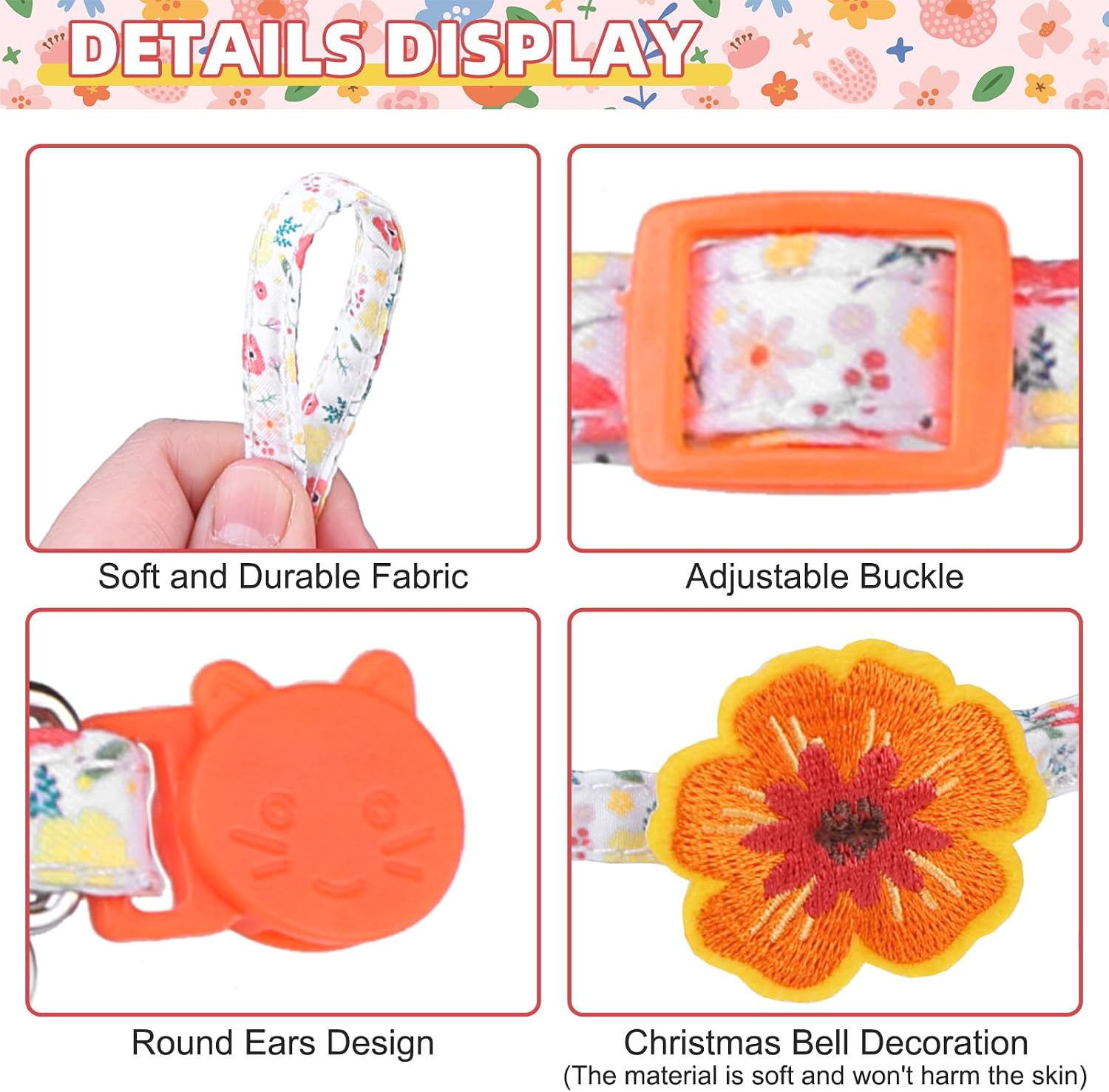 Summer Cat Collar Breakaway with Bells and Bowtie, 2 Pack Cute Leather Cat Bandana Collar with Safety Buckle Adjustable Size for Small Kitten Boys Girls, White+Orange Flower
