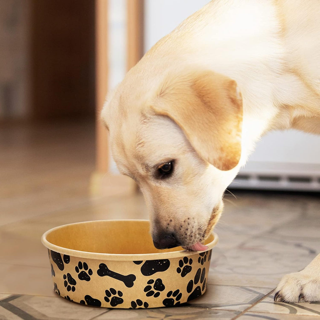 Whaline 50 Pcs Disposable Pet Bowls 16 Oz Kraft Paper Dog Cat Small Food Bowls with Paw Print Design for Travel Camping Picnic Wet Dry Food and Water