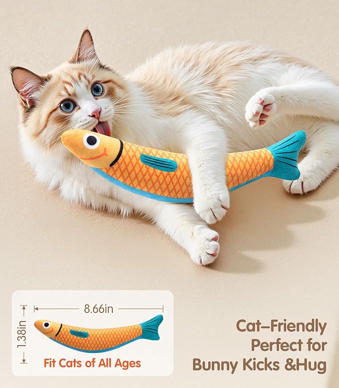 PetBusy Cat Toys with[5000mg A+Natural Catnip &Silvervine] [Baby Grade] Interactive Soft Chew Kicker Cat Toys for Indoor Cats & Kittens, [Crinkle &Bell] Fish Sound Toy, Drives Bored Cat Crazy with Fun