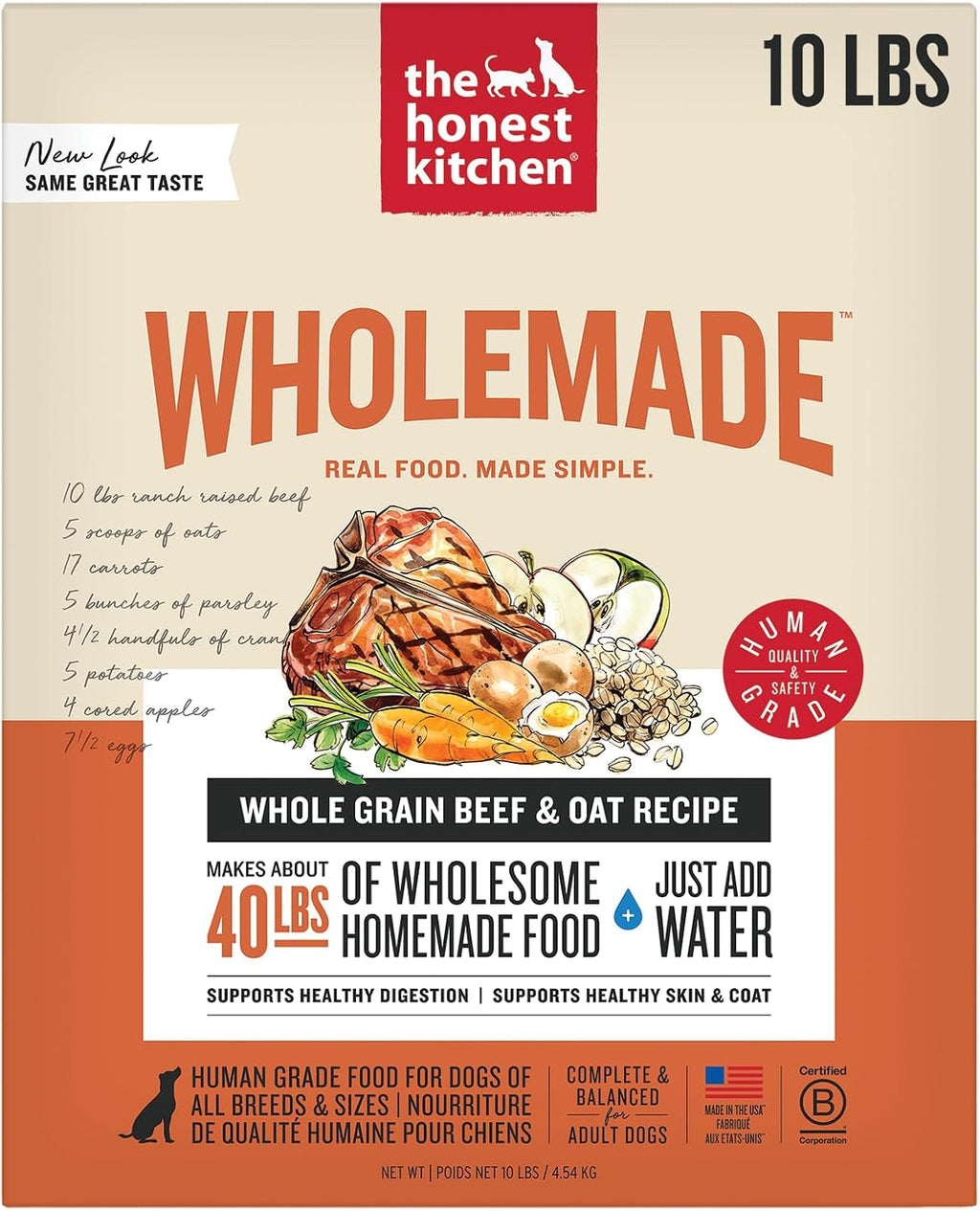 The Honest Kitchen Human Grade Wholemade™ Dehydrated Whole Grain Dog Food - Complete & Balanced Meal or Topper - Beef & Oat, 10 Pound (Makes 40 Pounds)