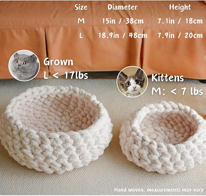 Cat Nest Bed - Premium Self Warming Handwoven Washable Extra Soft Round Cave House for Indoor Kitten & Kitty, Small & Large (Cloud White,Large)