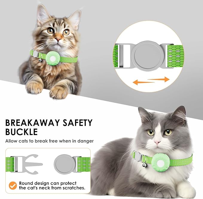 Cat Tracker, GPS Tracker Compatible with Apple Find My App(Only iOS), Waterproof Cat Tracker Collar with Bell and Safety Elastic Buckle, No Monthly Fee Pet Trackers, Works with Any Collar,Green