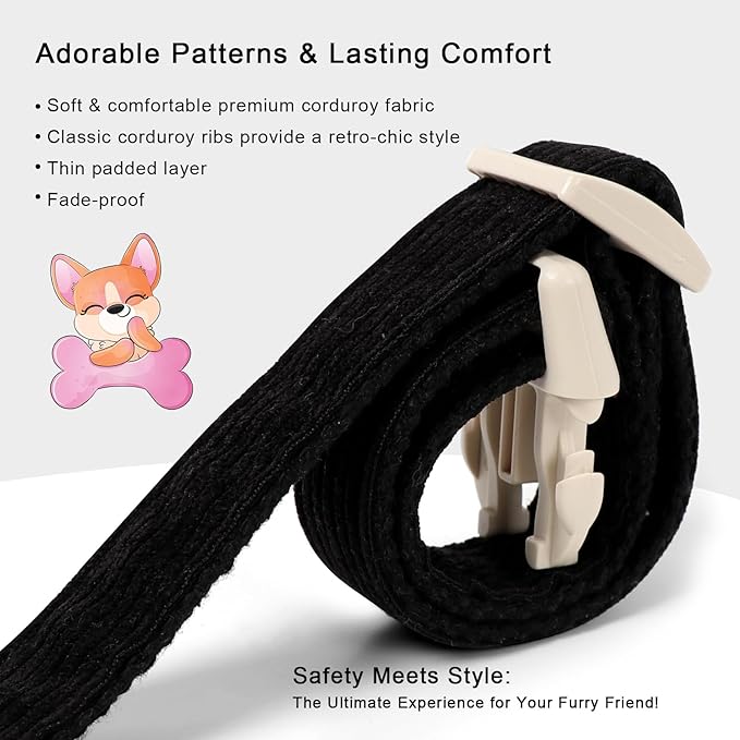 Cute Corduroy Dog Collar - Black Adjustable Dog Collars for X-Small Dogs 4-10lbs, Fade-Proof with Secure Snap & Little Charm, Christmas Birthday Gift, XS