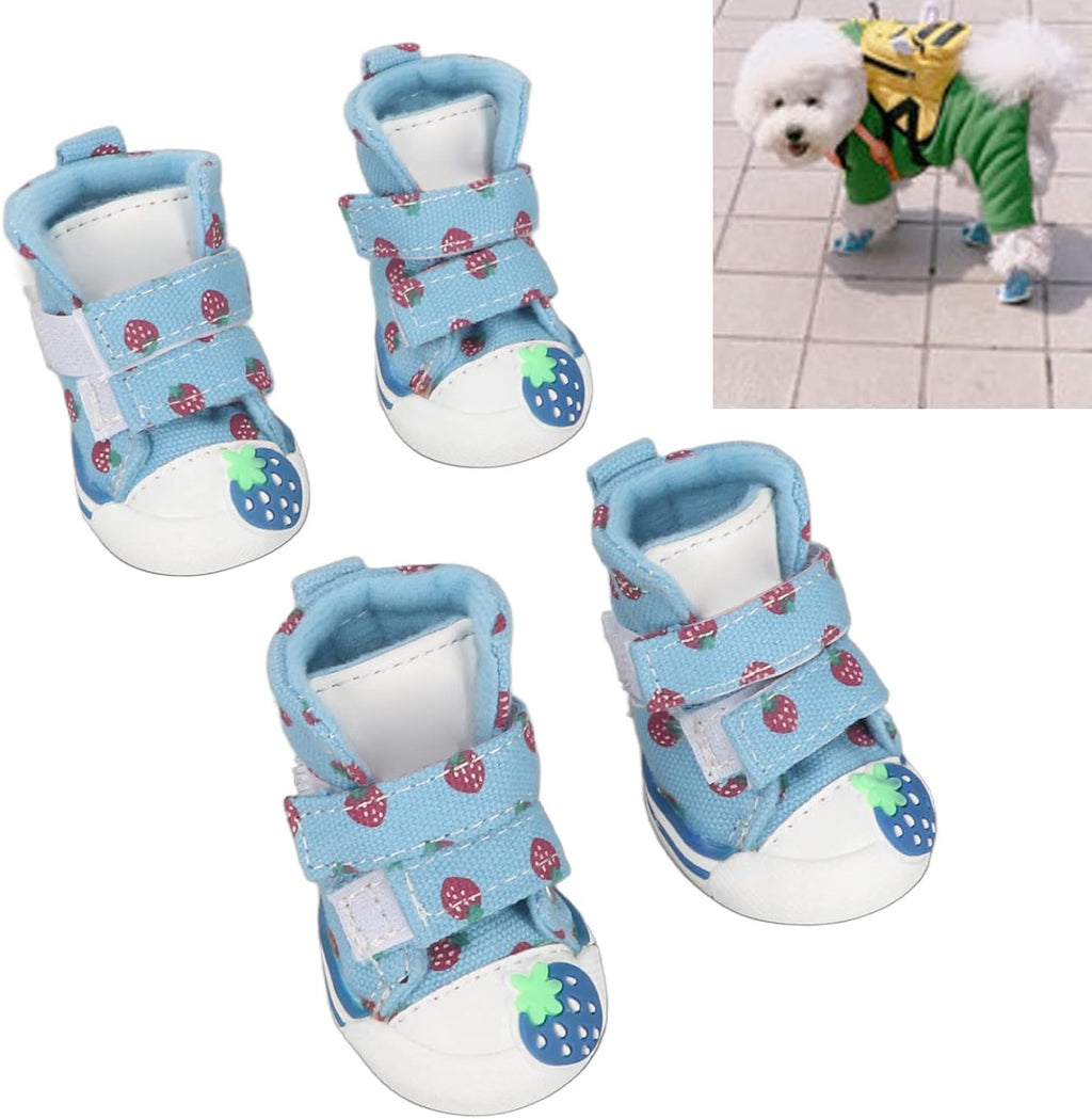 TITA-DONG Small Dog Shoes, Breathable Dog Boots for Summer Hot Pavement, Cute Strawberry Comfortable Slip Resistant Canvas Puppy Boots Paw Protectors for Small Medium Large Dogs Blue(Type 2)