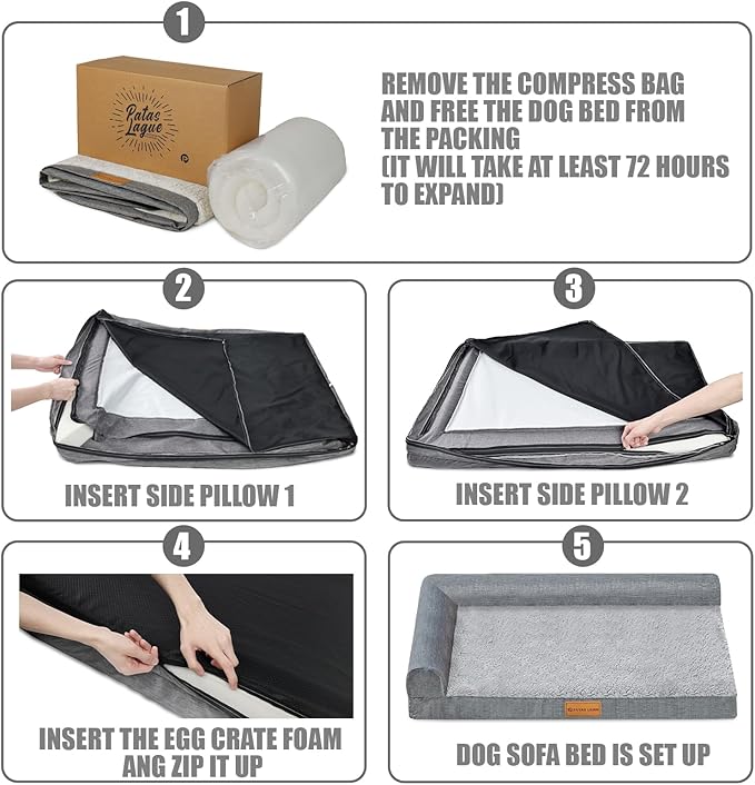 Patas Lague Orthopedic Dog Bed Large Sized Dog 36''X24'', Waterproof L Bolster Medium Pet Sofa Beds with Removable Washable Cover, Soft Comfortable Pet Couch Crate Mat with Nonskid Bottom, Black