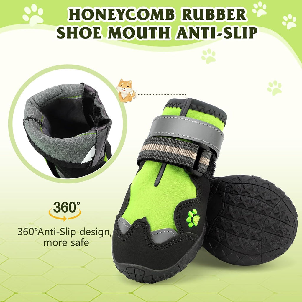 Dog Shoes for Large Dogs, 360°Anti Slip Medium Dog Boots & Paw Protectors Winter Snowy, Waterproof 4Pcs Dog Booties with Reflective Strips (Size 5: 2.37''x2.87''(W*L), Green)