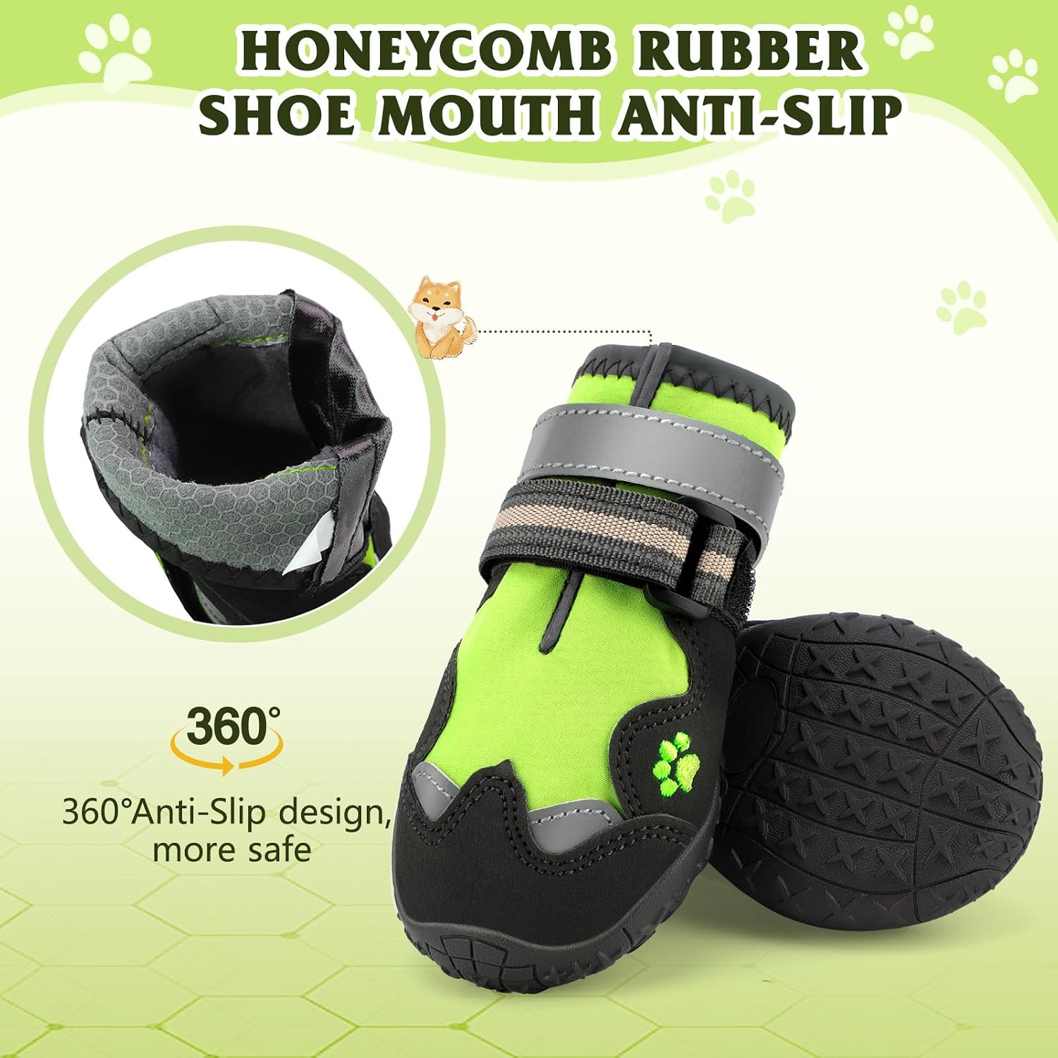 Dog Shoes for Large Dogs, 360°Anti Slip Medium Dog Boots & Paw Protectors Winter Snowy, Waterproof 4Pcs Dog Booties with Reflective Strips (Size 5: 2.37''x2.87''(W*L), Green)