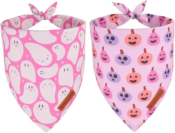 ADOGGYGO Pink Halloween Dog Bandanas 2 Pack, Reversible Ghost Pumpkin Scarf Bib, Adjustable Fit Pink Halloween Bandana for Medium Large Dogs Girl (Large)