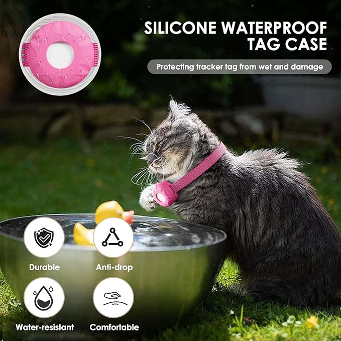 Smart Cat GPS Tracker, Cat Tracker Compatible with Apple Find My App (Only iOS), No Monthly Fee, Waterproof (White Tracker, Pink Cat Collar)