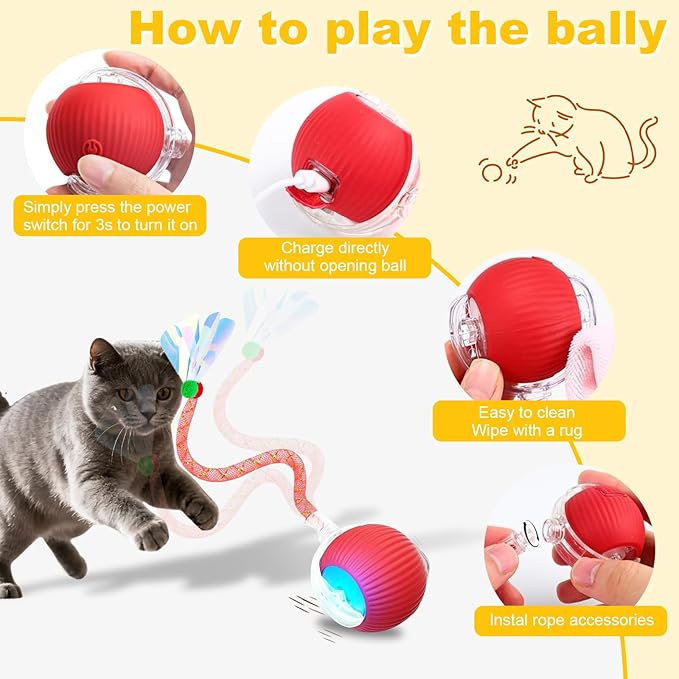Interactive Cat Toys Ball for Indoor Cats＆Dogs,Automatic Cat Toy 360° Auto-Rotation Smart Obstacle Avoidance,Includes 4 Cat Spiral Spring,Cat Enrichment Toys for Indoor Cats (RedYellow)