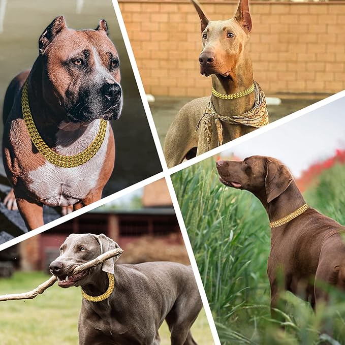 Gold Dog Collar Chain Stainless Steel 19K Gold Dog Collar Adjustable Walking, Metal Cuban Link Dog Collar Chew Proof Double Row Chain Dog Collar for Large Small Medium Dogs