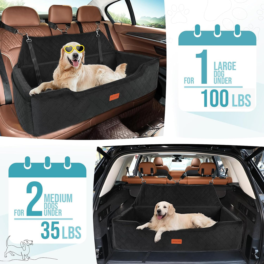 HEGGCOOE Large Dog Car Seat Under 100 lbs, Washable Dog Car Bed for 2 Medium Dogs, Detachable Pet Booster Seat with Storage Pocket and Seat Belt for Back Seat Dog Travel Bed