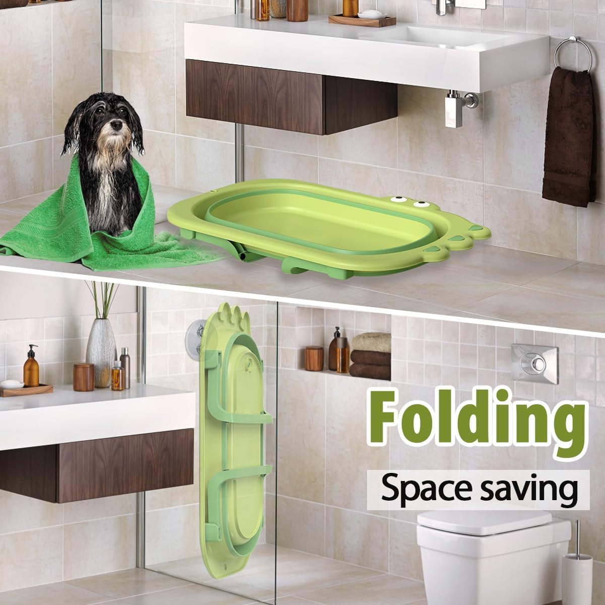 31" Foldable Dog Bath Tub, Portable Pet Washing Basin with Drain | Green, Non-Slip Bottom, for Small Medium Pets, Doubles as Dog Pool, Dries Fast, Patio & Balcony