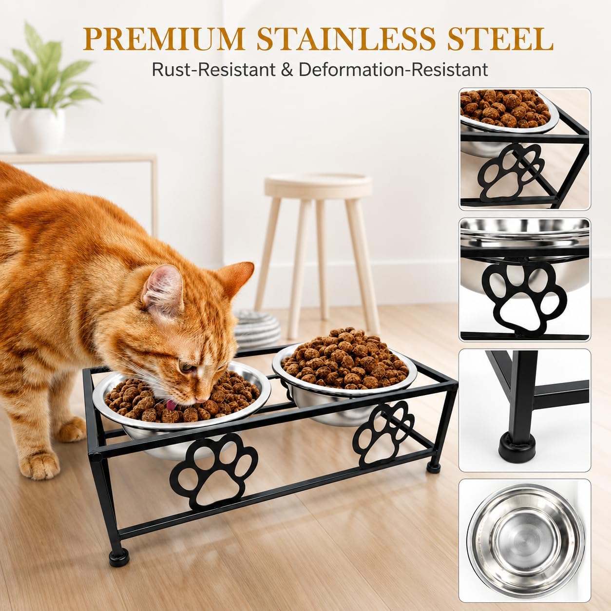 Raised Dog Bowls for Small Dogs, Elevated Bowl Stand Stainless Steel Dishes | Small Dog Bowl Stand with Two Thickened 5.3 Inch Stainless Steel Food Bowls, Raised Dog Dishes for Small & Medium Dogs, Black