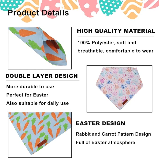 ADOGGYGO Easter Dog Bandanas 2 Pack, Reversible Bunny Carrot Print Puppy Scarf, Premium Fabric, Adjustable Fit Easter Bandana for Medium Large Dogs (Large)