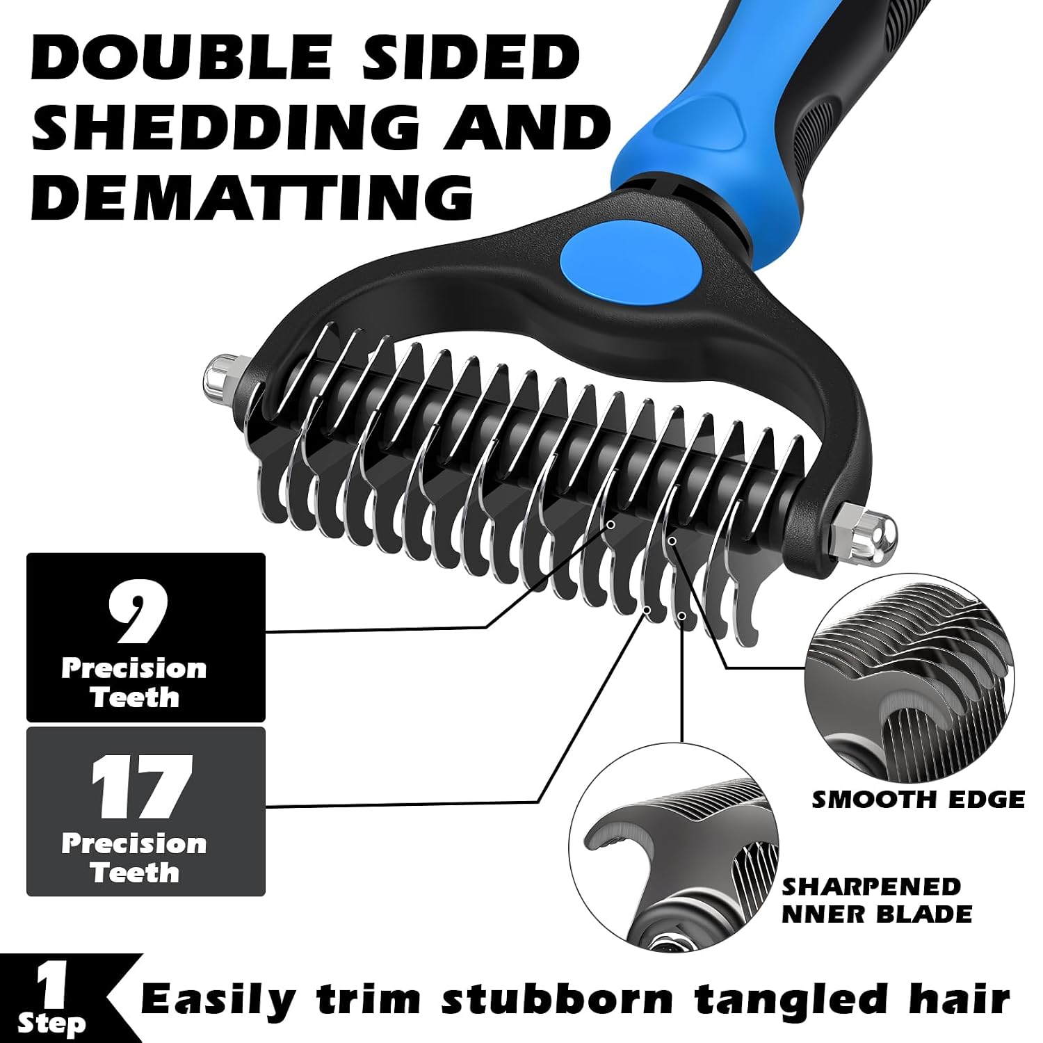Professional 3PCS Self Cleaning Slicker Brush & Pet Grooming Rake & Flea Comb for Dogs,Cats and Horses | Double-Sided Dematting Comb & Skin Friendly Deshedding Grooming Tool | Pet Supplies (Blue)