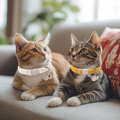2 Pack Corduroy Cat Collars - Cute Breakaway Cat Collar with Bell and Paw Pendant, Soft Adjustable Fall Winter Kitten Collars for Girl Boy Cats, Yellow&White