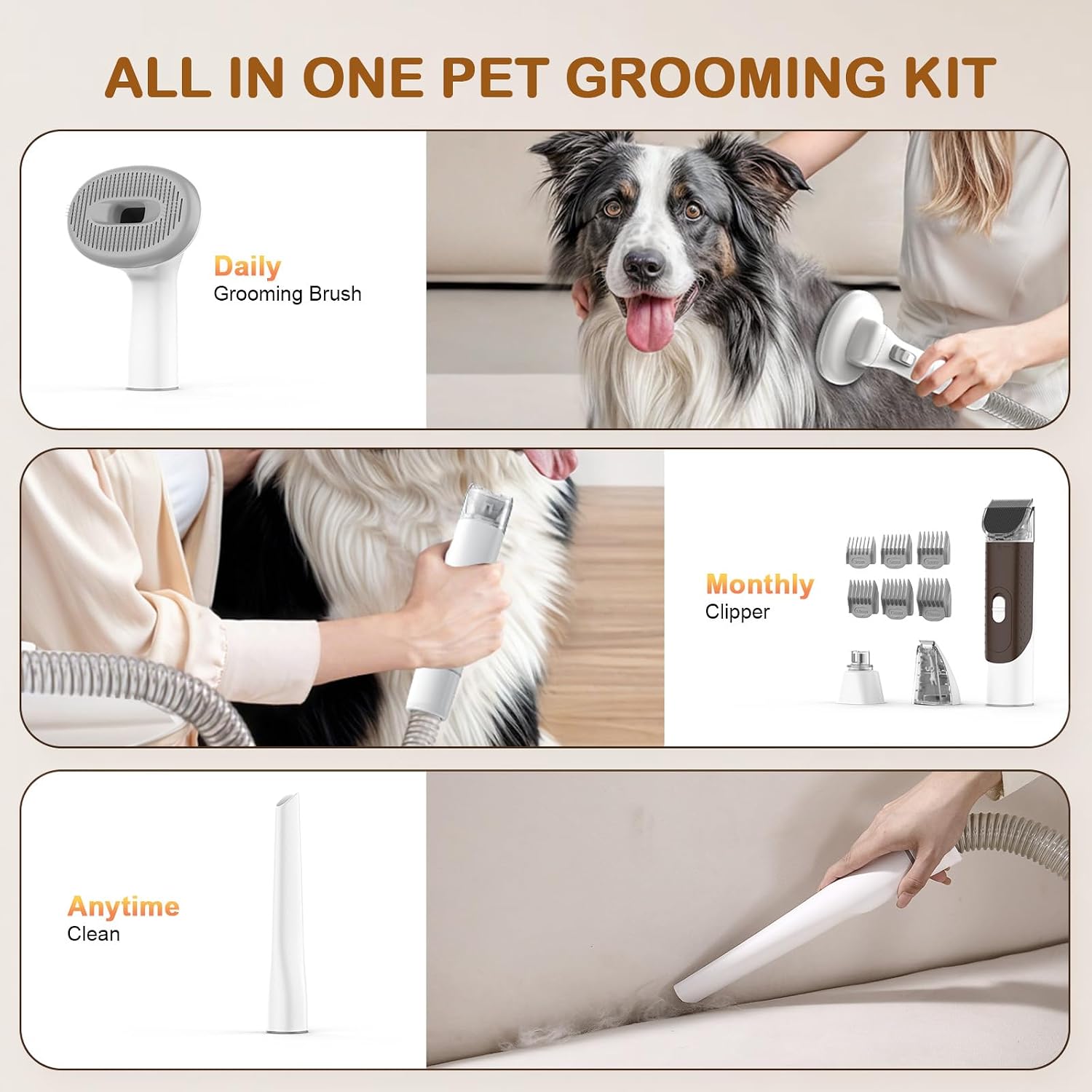 Dog Grooming Vacuum, Dog Grooming Kit with Pet Clipper Nail Grinder, 3 Suction Modes Dog Brush Vacuum with 6 Pet Grooming Tools（Nut Brown）