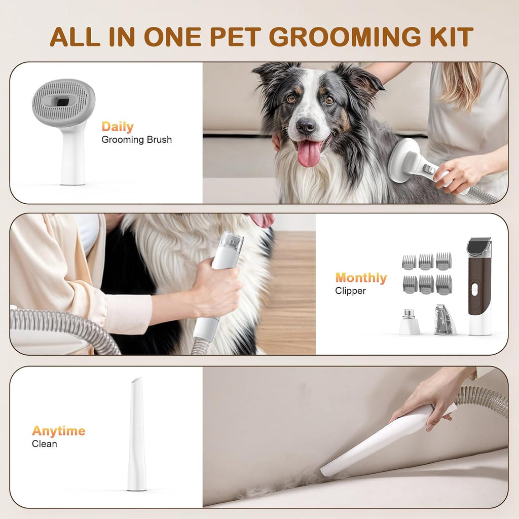 Dog Grooming Vacuum, Dog Grooming Kit with Pet Clipper Nail Grinder, 3 Suction Modes Dog Brush Vacuum with 6 Pet Grooming Tools（Nut Brown）