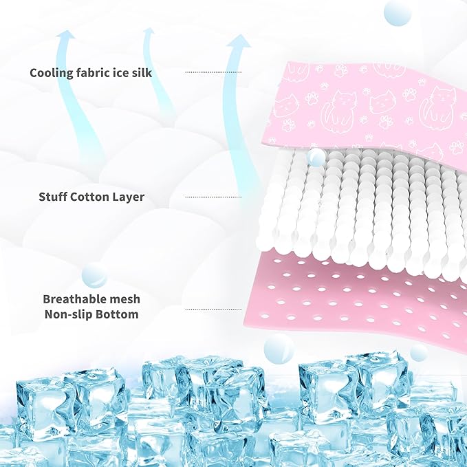 NWK Pack of 4 Pet Cooling Mat - Ice Silk Cooling Mat for Dogs & Cats Portable & Washable Pet Cooling Blanket, Car Seats, Beds for Summer (4pcs, Pink Cat, 39’’ X 27’’ X 0.3)