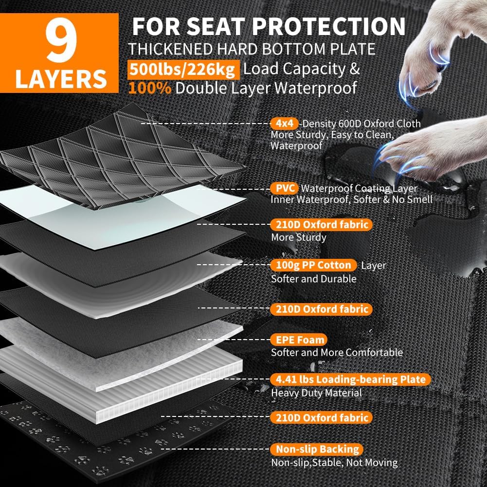 KYG Hard Bottom Dog Car Seat Cover for Full Size Truck SUV | 500 lbs Support,Waterproof, Scratch Resistant, Non-Slip,Mesh Window,Easy Care,Storage pocket for toys, Dog Seat Belt Included