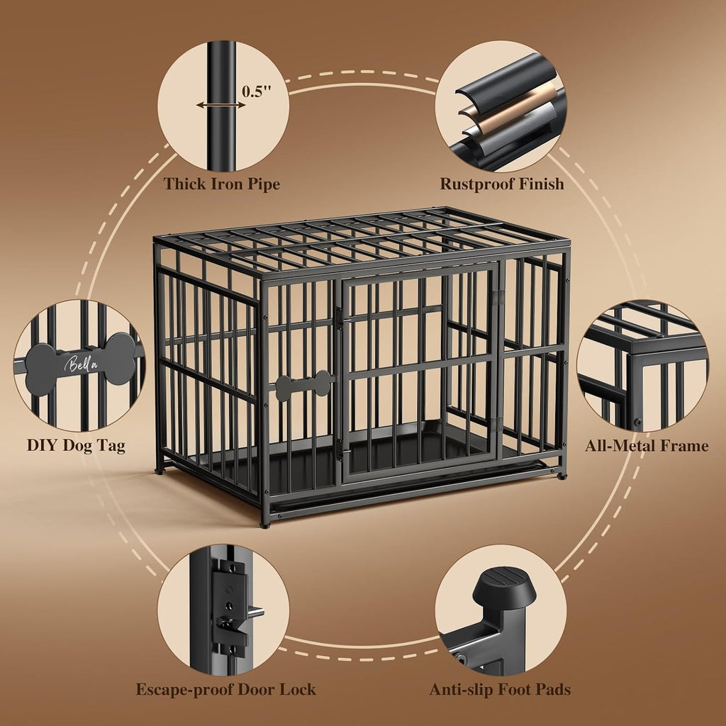 Pawaboo 38 Inch Heavy Duty Dog Crate, with Removable Tray, Escape Proof | Dog Kennel, 0.5 Inch Iron Tube Thickened Dogs Crate for Medium and Small Dogs, Easy to Clean, Black