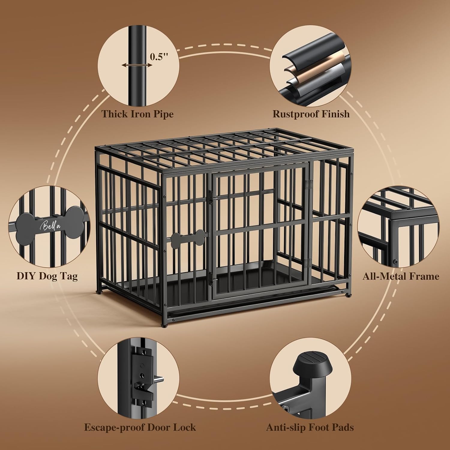 Pawaboo 38 Inch Heavy Duty Dog Crate, with Removable Tray, Escape Proof | Dog Kennel, 0.5 Inch Iron Tube Thickened Dogs Crate for Medium and Small Dogs, Easy to Clean, Black