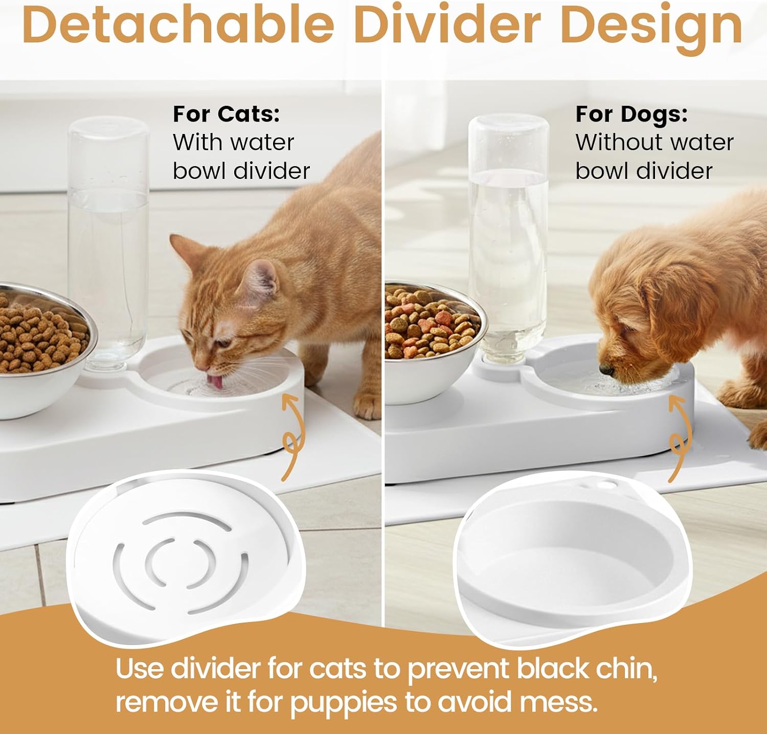 2 in 1 Elevated Dog Cat Bowls, 15°Tilted Pets Water and Food Bowl Set, Pet Feeding Bowls with Automatic Water Bottle and Feeding Mat for Kittens and Small Dogs, White
