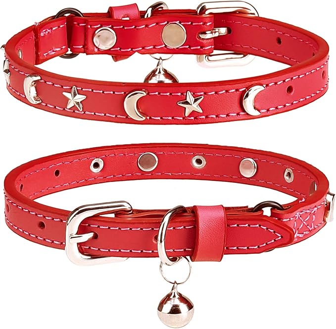 Leather Cat Collars for Boy Girl Cats with Bell and Safety Elastic Belt, Personalized Star and Moon Stud Adjustable Safe Buckle Collar for Kitty Small Big Cats Size 8-12 Inch, Red