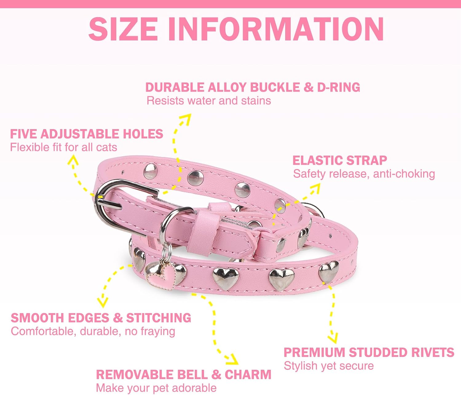 Leather Cat Collar, Breakaway Kitten Collars with Bell, Pink | Spiked & Studded, Cute for Boy Girl Small Pets, Goth Style, Safety Elastic Belt, Adjustable Buckle, Heart, 8-11in