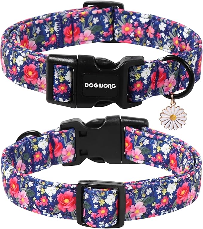 DOGWONG Blue Flower Dog Collar, Cute Adjustable Floral Collar, Girl Female Dog Collar with Strong Plastic Buckle for Small Medium Large Dogs,M