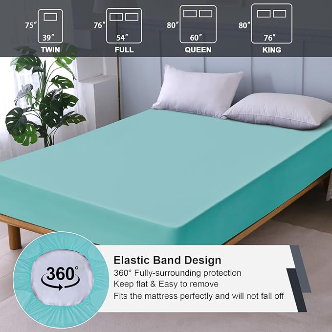 Waterproof Mattress Protector Full, Fitted Sheet Style Breathable Cooling Mattress Cover with Deep Pocket Fits Up to 18'', Noiseless Bed Cover for Kids Adults Pets, Machine Washable(Cyan, 54'' X 76'')