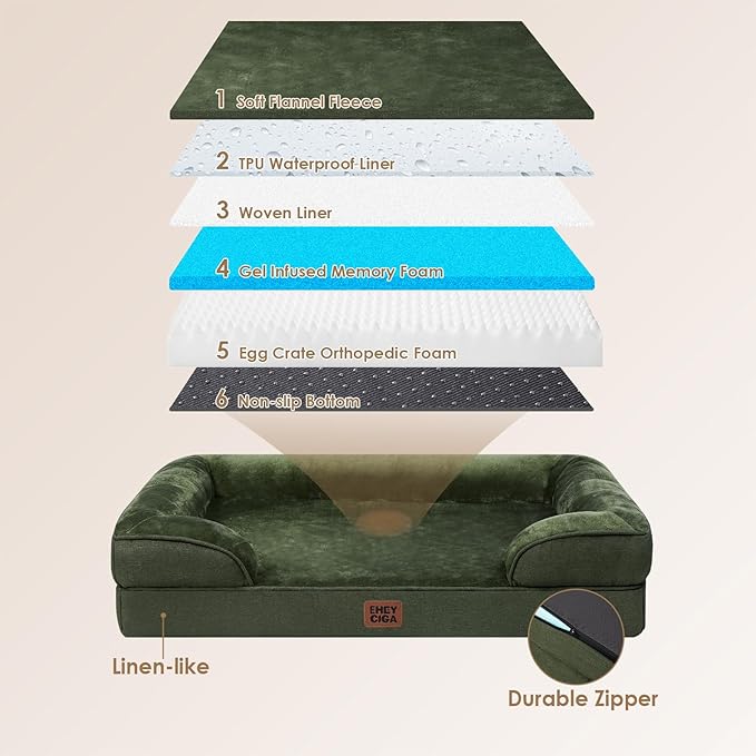 EHEYCIGA Orthopedic Dog Beds for Large Dogs, Waterproof Memory Foam Large Dog Bed with Sides, Non-Slip Bottom and Egg-Crate Foam Pet Couch Bed with Washable Removable Cover, Dark Green