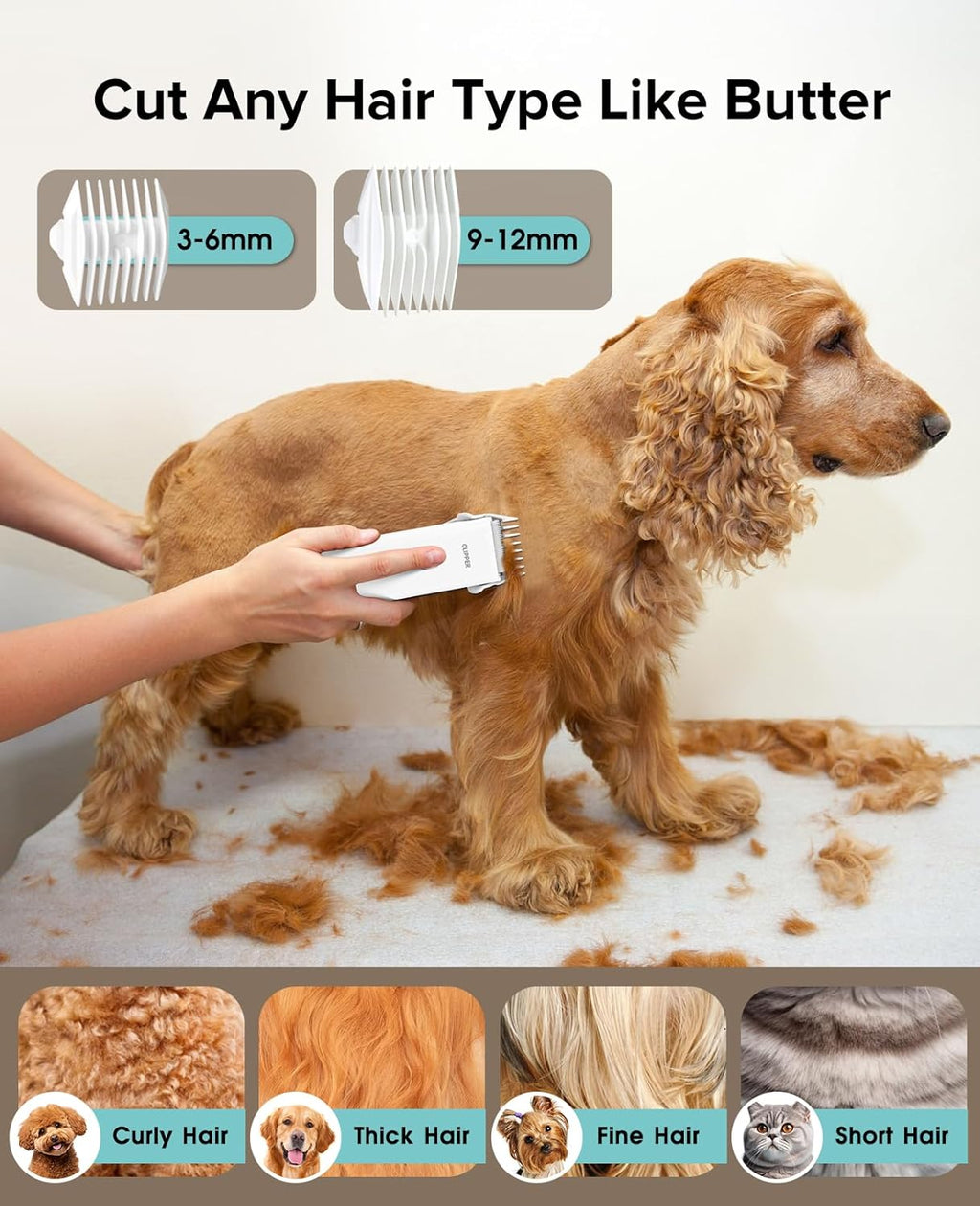 Upgrade Home Professional Dog Grooming Kit Clipper for Matted & Long Hair, Cordless Pet Shaver Low Noise USB Rechargeable for Cats, Small&Medium Dogs, Handy Pet Hair Grooming Trimmer, White