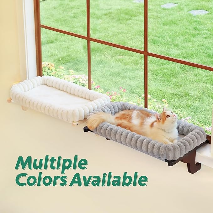 Zakkart SnugCloud Cat Window Perch with 4-Sided Bolster - Orthopedic Cat Hammock for Window Sill - Solid Hardwood & Metal Frame - Window Seat for Pets (Dark Stained Wood w/Brown Bed, Large)