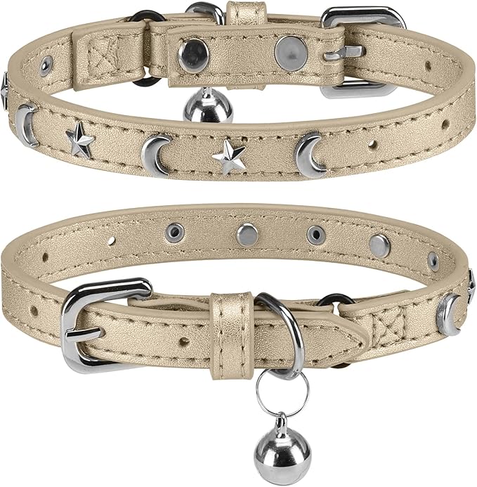Leather Cat Collars for Boy Girl Cats with Bell and Safety Elastic Belt, Personalized Star and Moon Stud Adjustable Safe Buckle Collar for Kitty Small Big Cats Size 7-9 Inch, Gold
