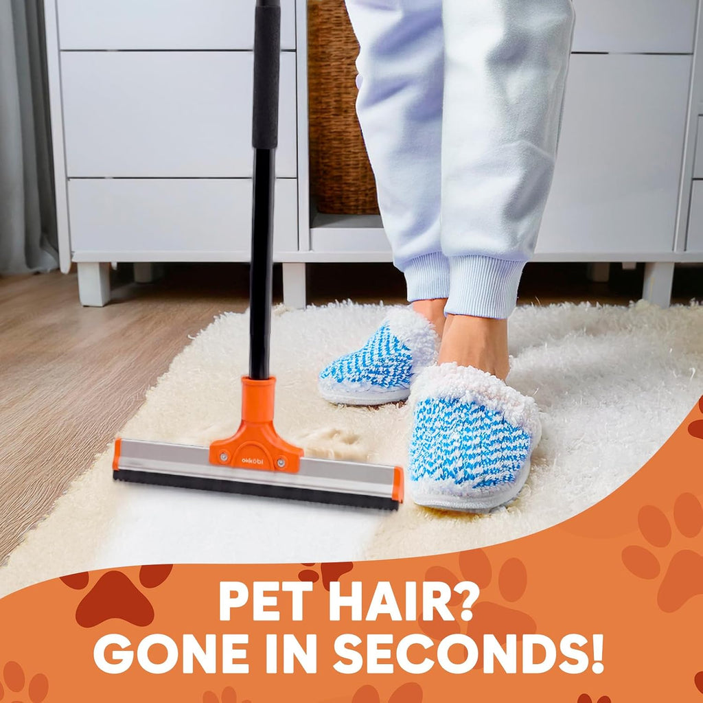 Carpet Rake for Pet Hair Removal – Carpet Scraper & Pet Fur Rake – Dog & Cat - Animal Fur Broom for Rugs & Furniture with Adjustable Lengths - Orange & Black