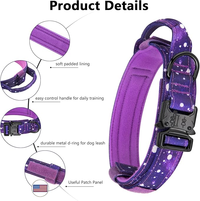 DAGANXI Tactical Dog Collar, Adjustable Military Training Nylon Dog Collar with Control Handle and Heavy Metal Buckle for Medium and Large Dogs, with Patches and Airtags Case (XL, Purple Sky-Set)