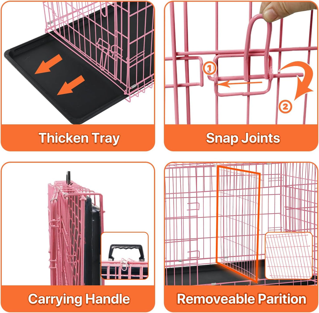 Dog Crate for Large Medium Small Dogs, Folding Dog Kennel Cage with Plastic Tray & Divider 48"/42"/ 36"/ 30"/ 24" Indoor Outdoor Metal Double Door Heavy Duty Dog Pen Enclosure, Pink(24 Inch)
