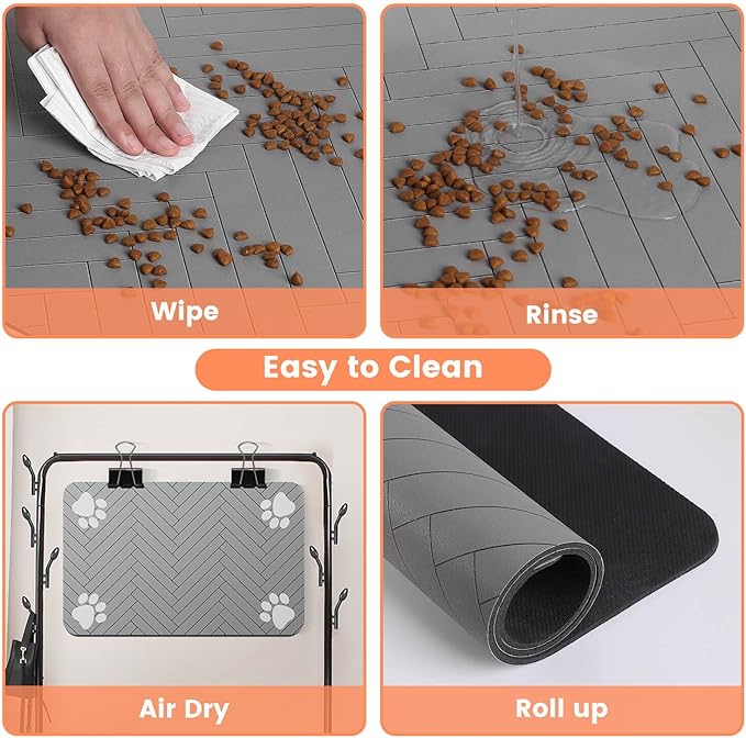 Pet Feeding Mat-Absorbent Pet Placemat for Food and Water Bowl, with Waterproof Rubber Backing, Quick Dry Water Dispenser Mat for Dog and Cat (24"x16", Striped Light Gray)
