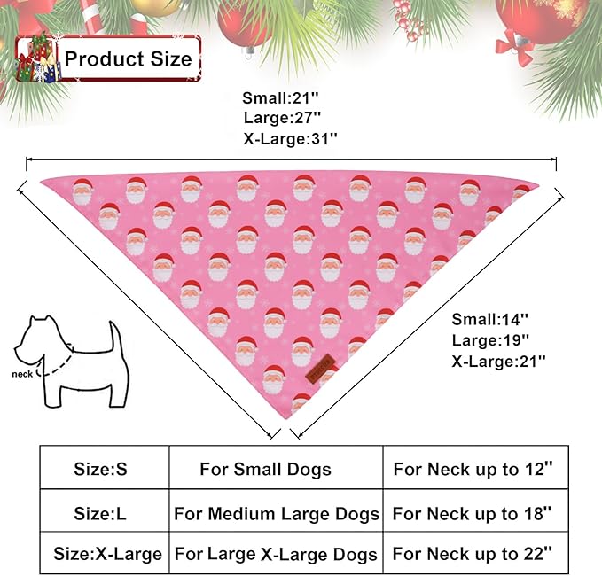 PTDECOR Christmas Dog Bandana, Santa Snowman Design Reversible Holiday Pet Scarf, Pink Triangle Fit Female Christmas Bandanas for Medium Large Dogs Pets (Large)