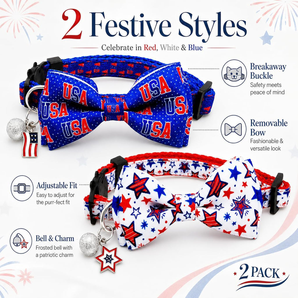 4th of July Cat Bow Tie Breakaway Collars with Bell and Charm, 2 Pack Patriotic Adjustable Cat Collars with Removable Bow Tie, Red White Blue USA Stars Independence Day Collars for Cats and Kittens