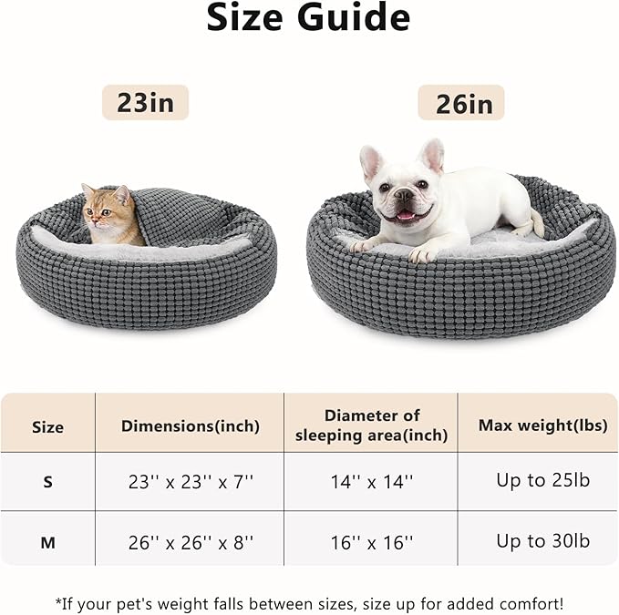 SIWA MARY Small Dog Bed with Attached Blanket, Cozy Donut Cuddler Anti-Anxiety Hooded Pet Beds Calming Cave Bed. Orthopedic Round Puppy Beds for Dogs or Cats Washable, Anti-Slip Bottom, 23inch