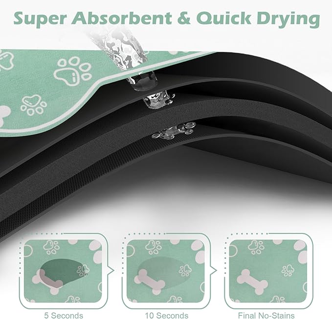 Dog Cat Mat for Food and Water,Rapid Absorbent Pet Feeding Mat, Bone Shaped Dog Placemat Bowl Mat with Rubber Backing,No Stains Pet Food Mats Indoor, Pet Accessories Supplies,Green 16"×24"