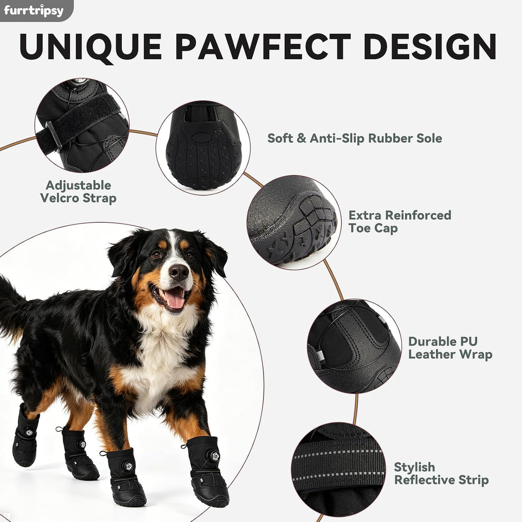 Dog Booties with Micro-Adjustable Dial, Waterproof Dog Shoes for Large Medium Small Dogs, Rugged Non-Slip Rubber Paw Protectors for Hot Pavement and Snow, Hiking 4PCS (Black, Size 8)